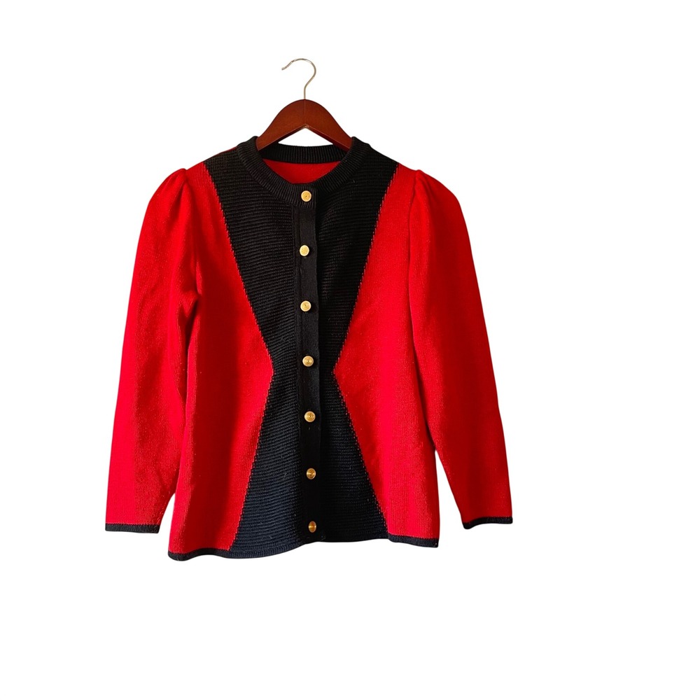 Vintage womens Red Black Colorblock Button Up Cardigan Puff Sleeve Sweater small